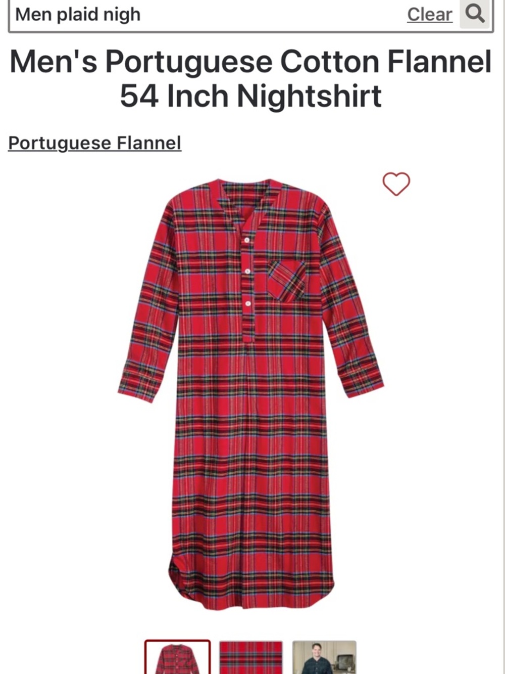 Portuguese Cotton Flannel Red Plaid Men's Nightshirt